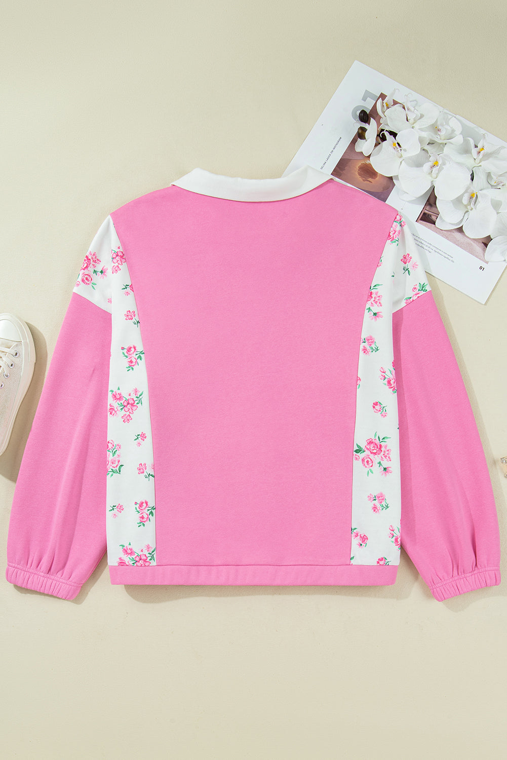 Pink Plus Size Contrast Polo Collar Floral Patchwork Elastic Cuffs Long Sleeve Top