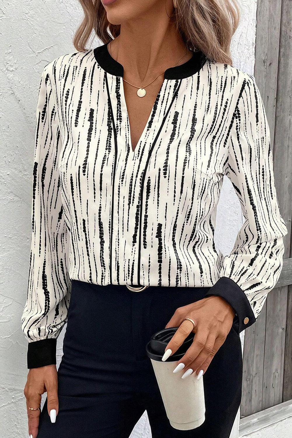 Black Abstract Printed V Neck Fall Blouse