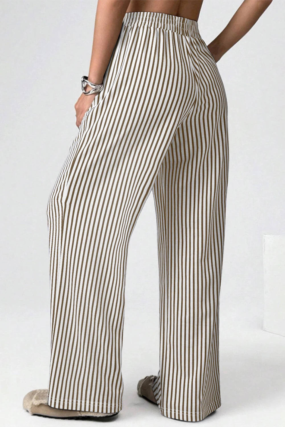 Stripe Elastic High Waist Pocketed Loose Pants