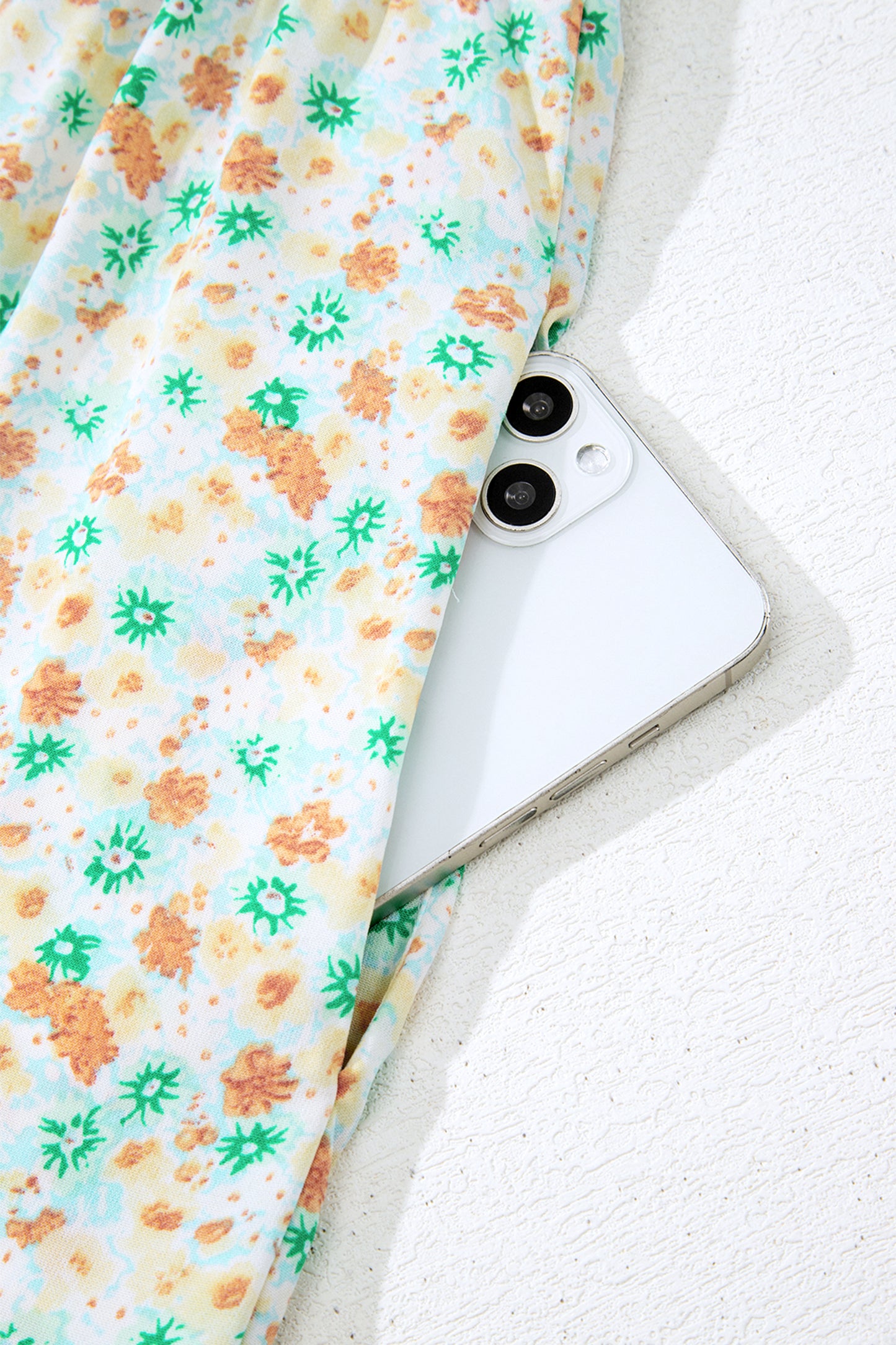 Green Floral Short Bubble Sleeve Shirred High Waist Maxi Dress