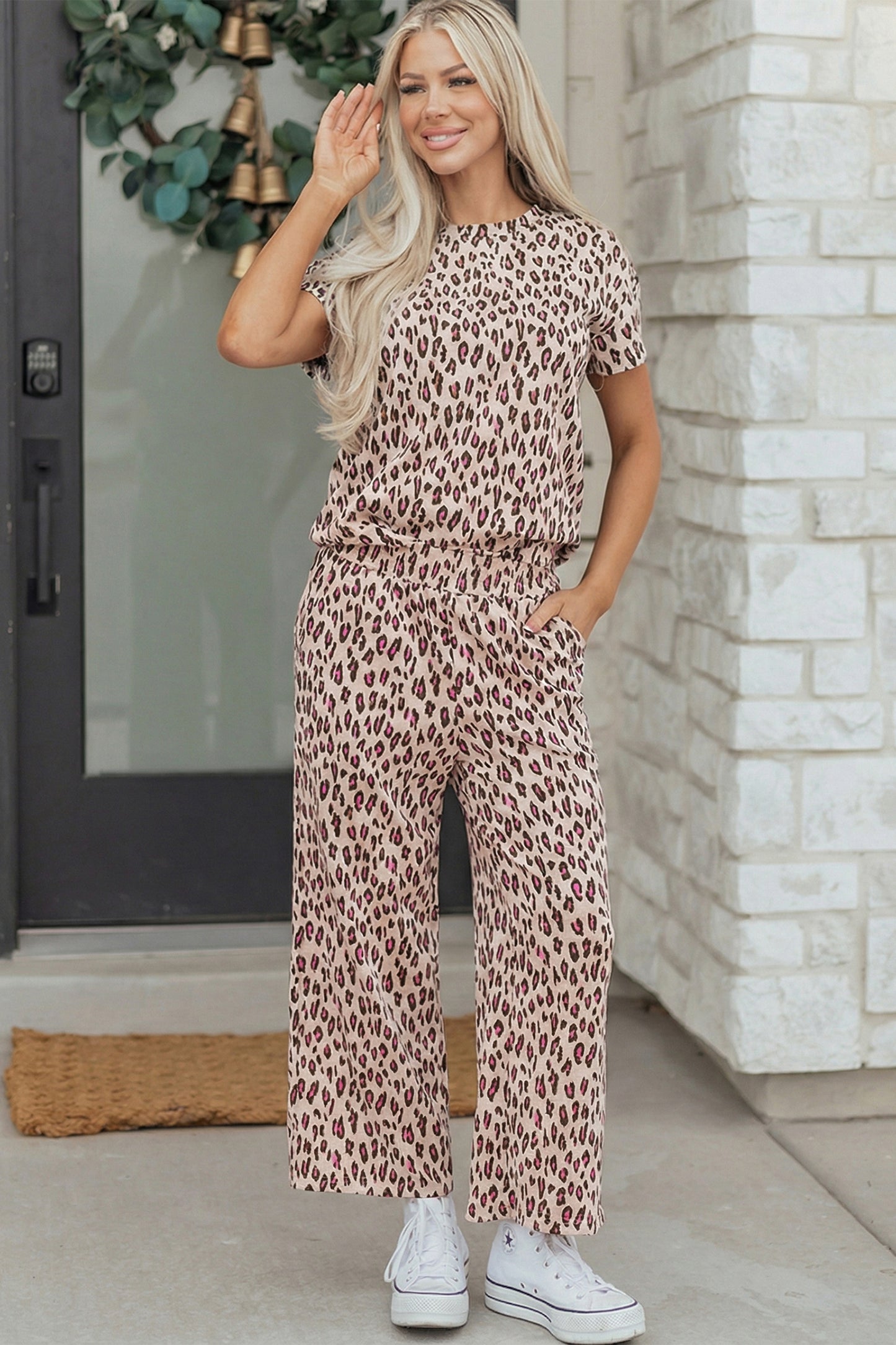 Beige Leopard Print Casual Tee and Pants 2pcs Outfit