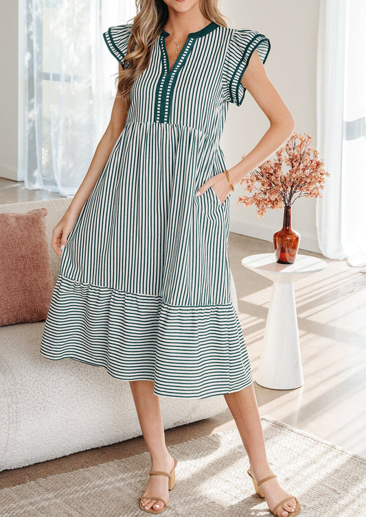 Green Stripe Double Ruffled Short Sleeve Contrast Trim V Neck Midi Dress