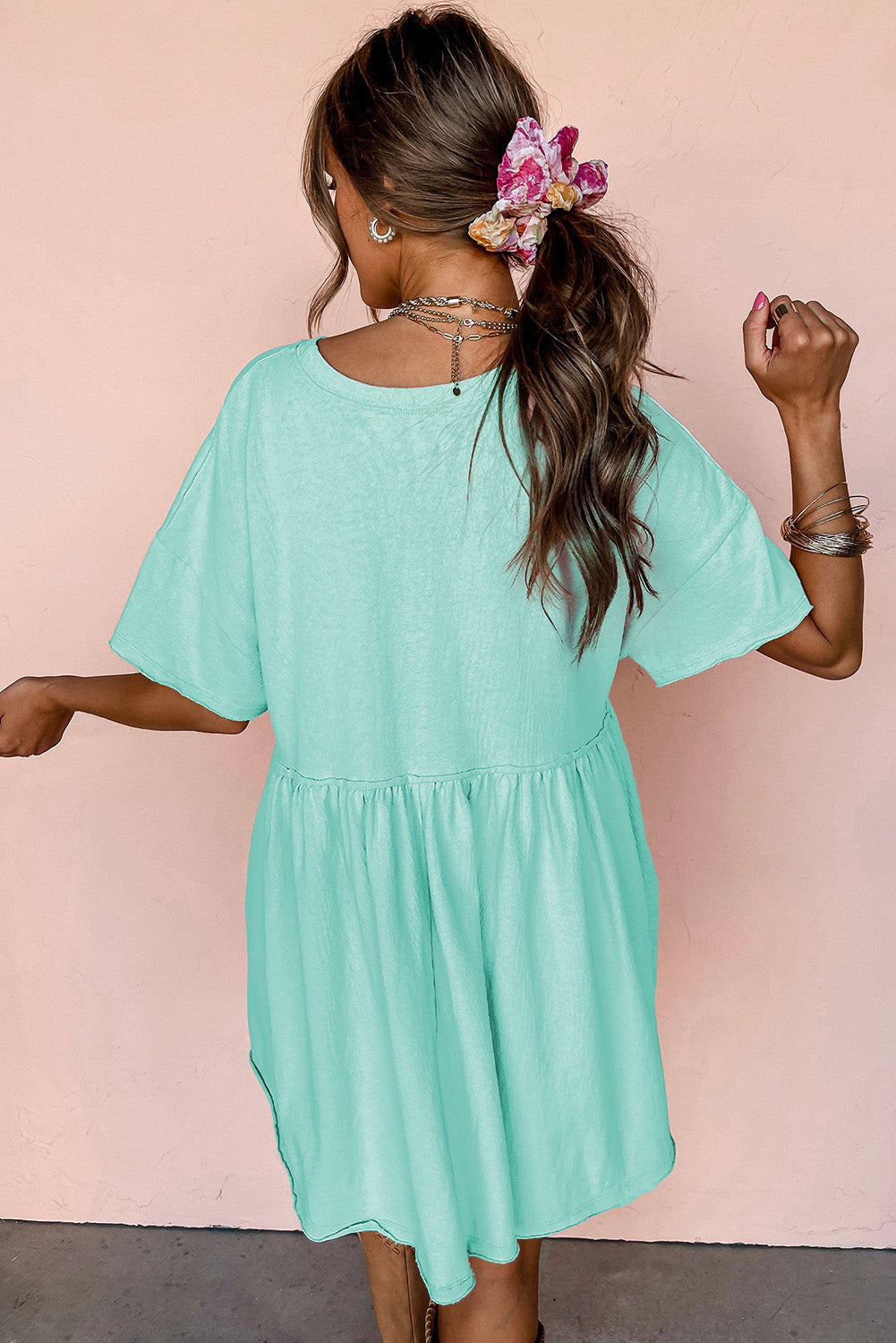 Sky Blue Solid Color Pocketed Raw Edge Babydoll Dress
