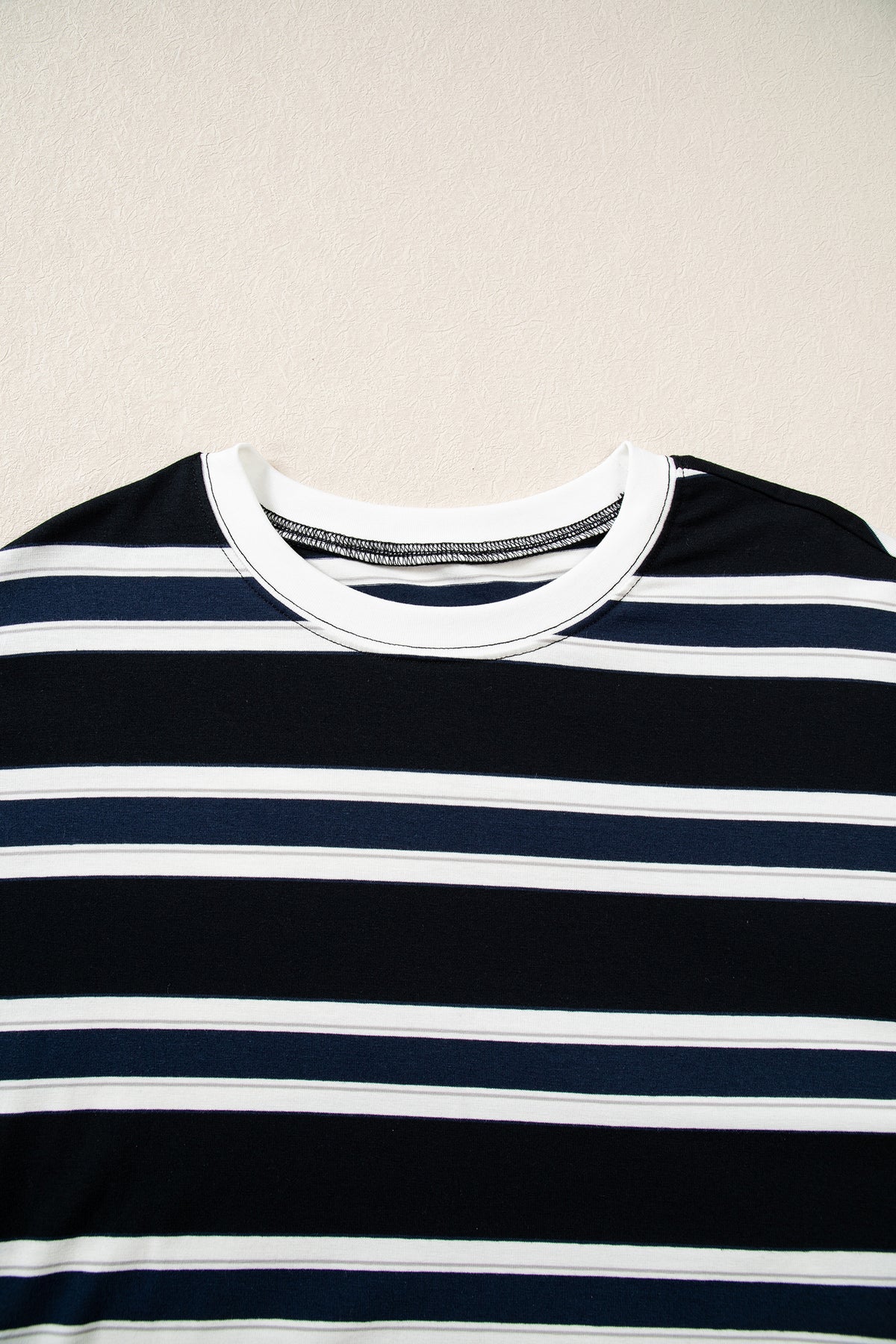 Blue Stripe Ribbed Color Block Trim Round Neck Dropped Shoulder Sweatshirt