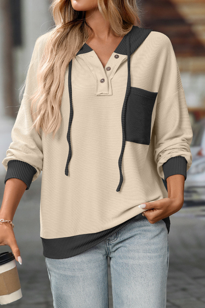 Colorblock Waffle Knit Drawstring Hoodie Pullover Women
