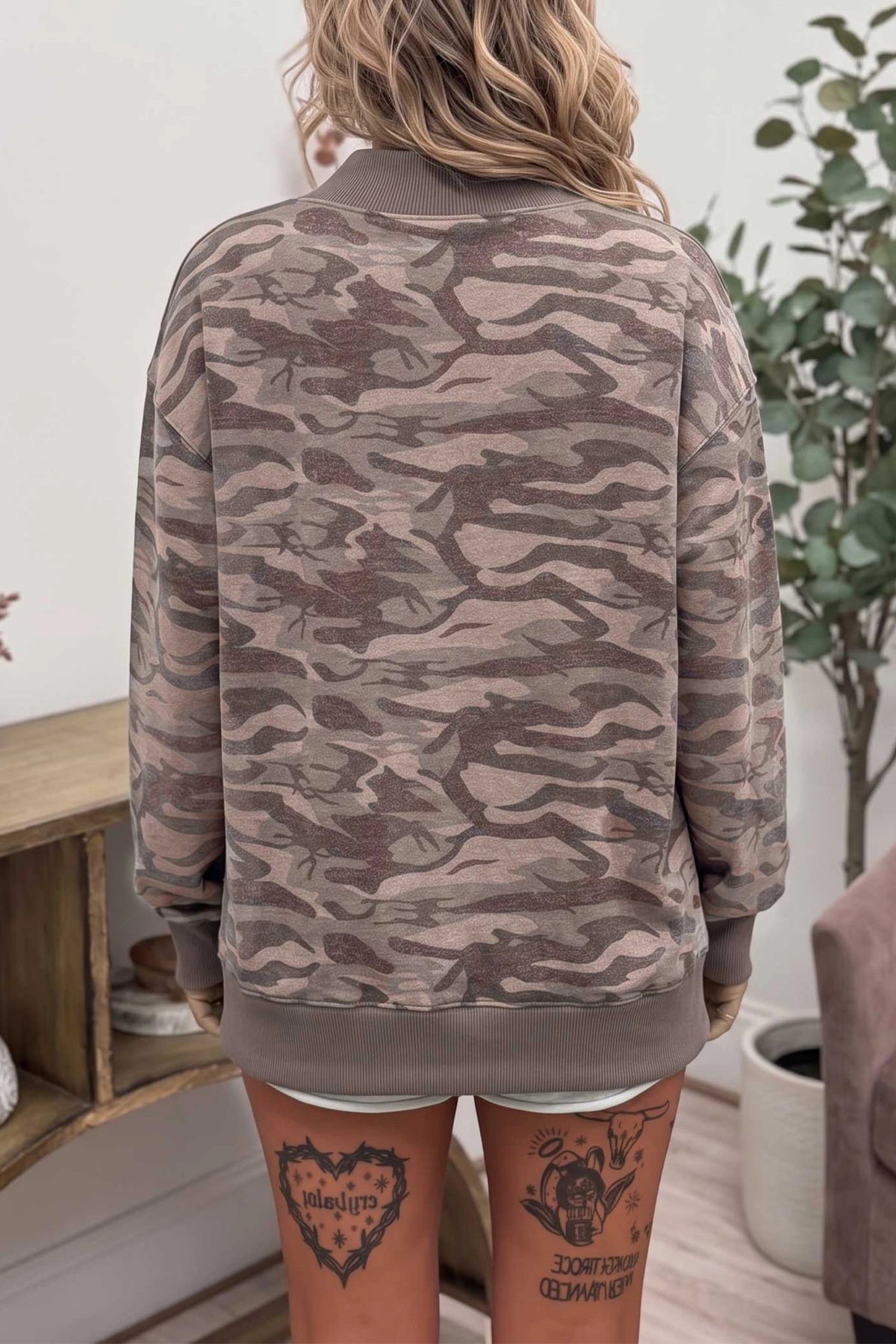 Multicolour Camouflage Print Mock Neck Casual Pullover Sweatshirt