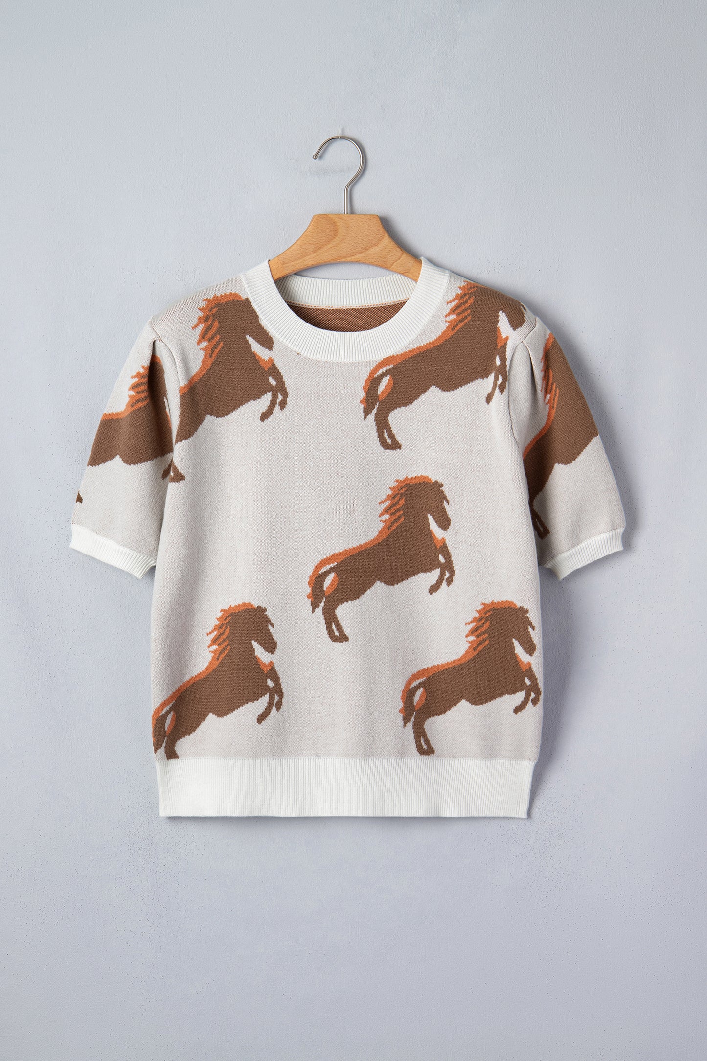 White Western Horse Print Short Sleeve Sweater Top