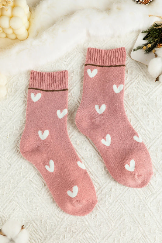 Pink Contrast Heart Print Ribbed Cuff Womens Crew Socks