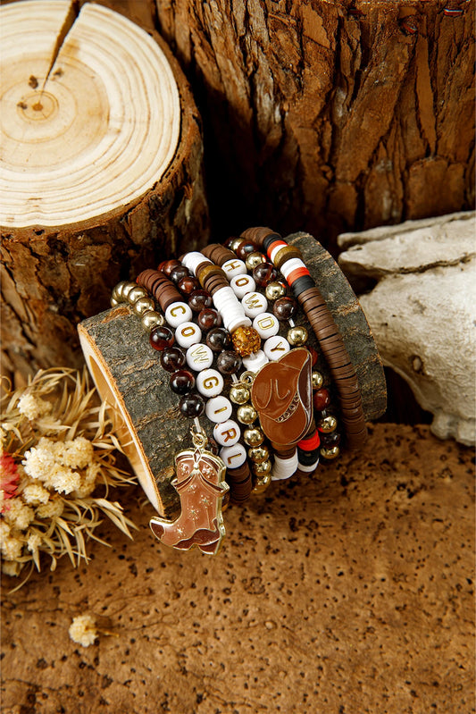 Coffee HOWDY COWGIRL Western Beaded 7pcs Stretch Bracelet Set