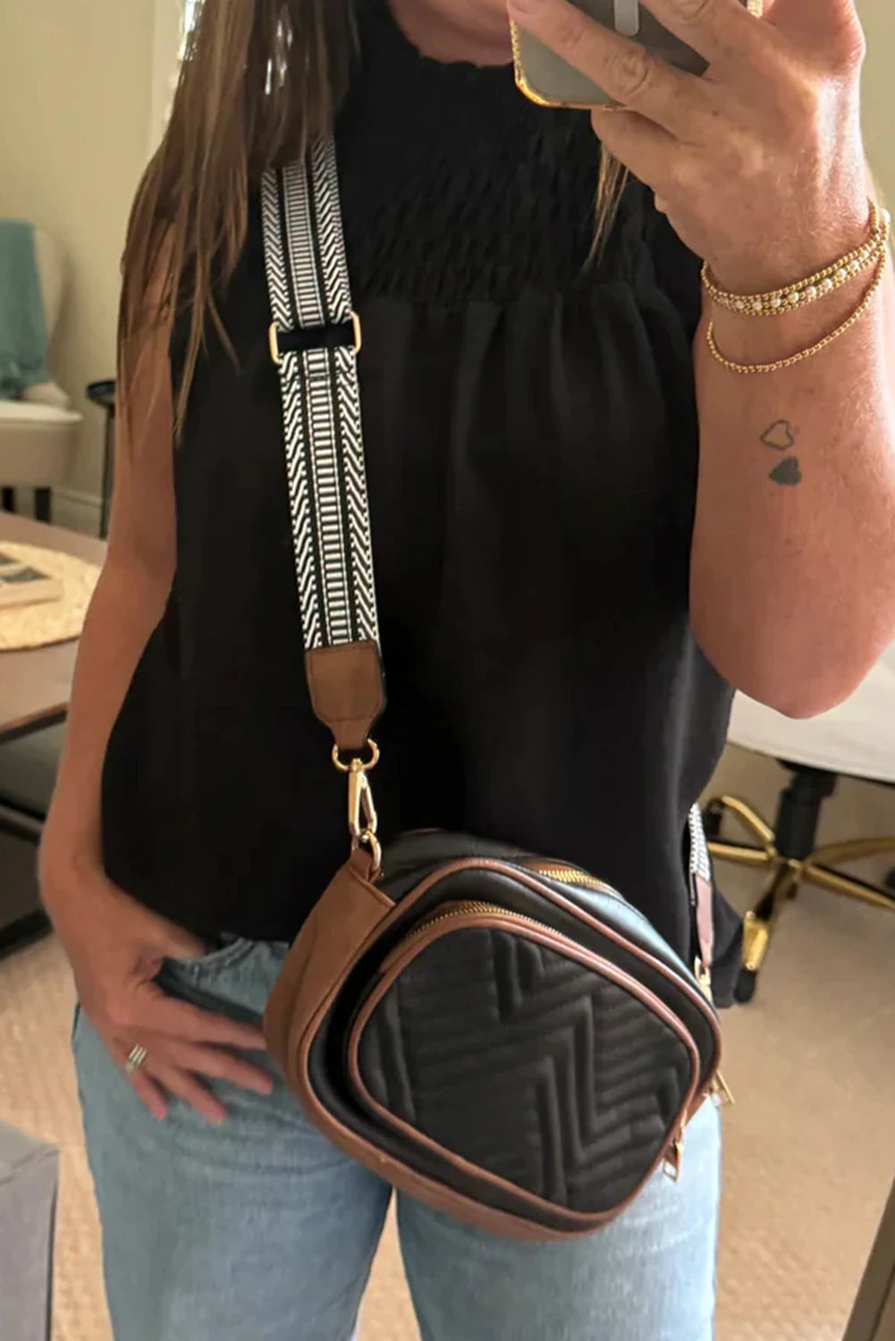 Black PU Leather Quilted Texture Mini Shoulder Bag