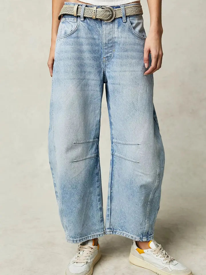 Washed Balloon Leg Denim Jeans With Belt