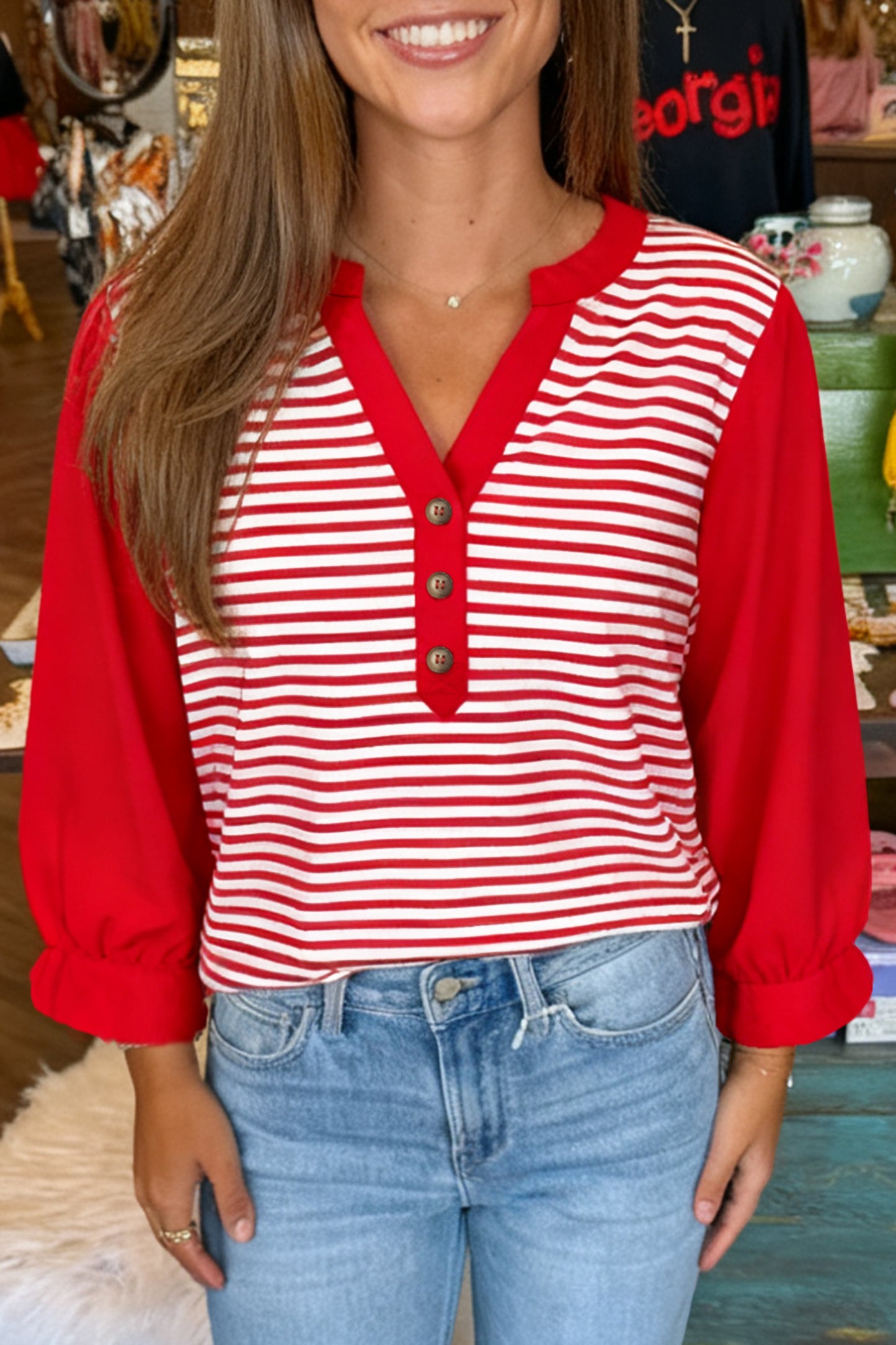 Red Stripe Half Placket V Neck Contrast 3/4 Sleeve Patchwork Top