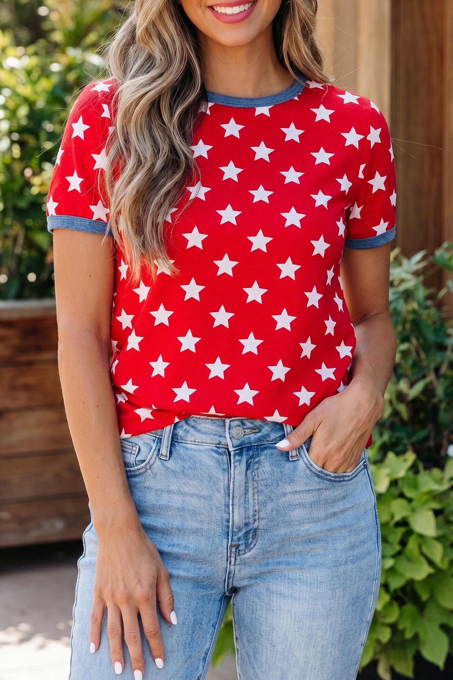 Stars Polyester Tee Casual Shift Short Sleeve