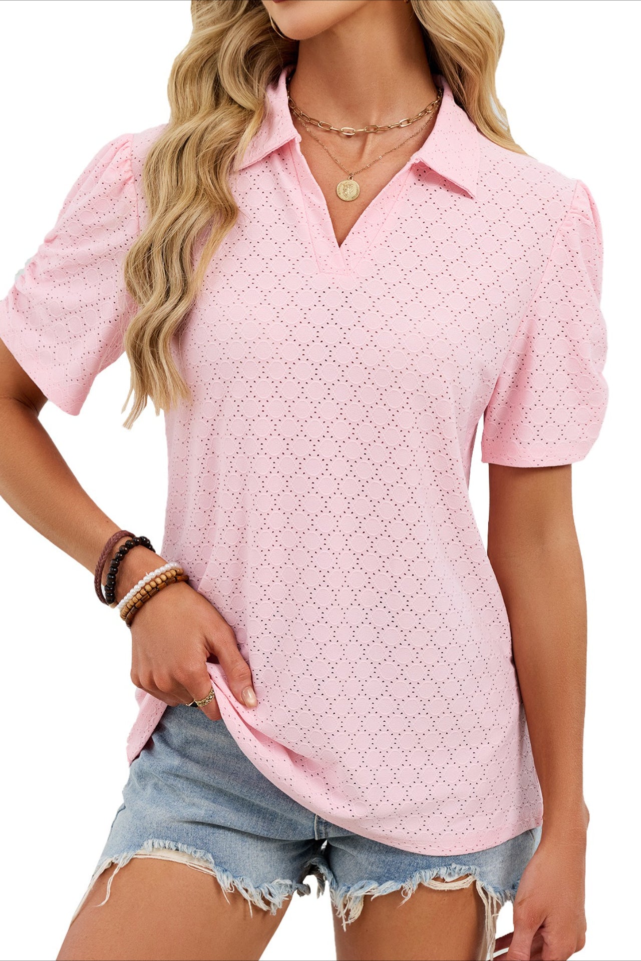Women's V-Neck Puff Sleeve Polo Shirt Loose Casual Summer Top
