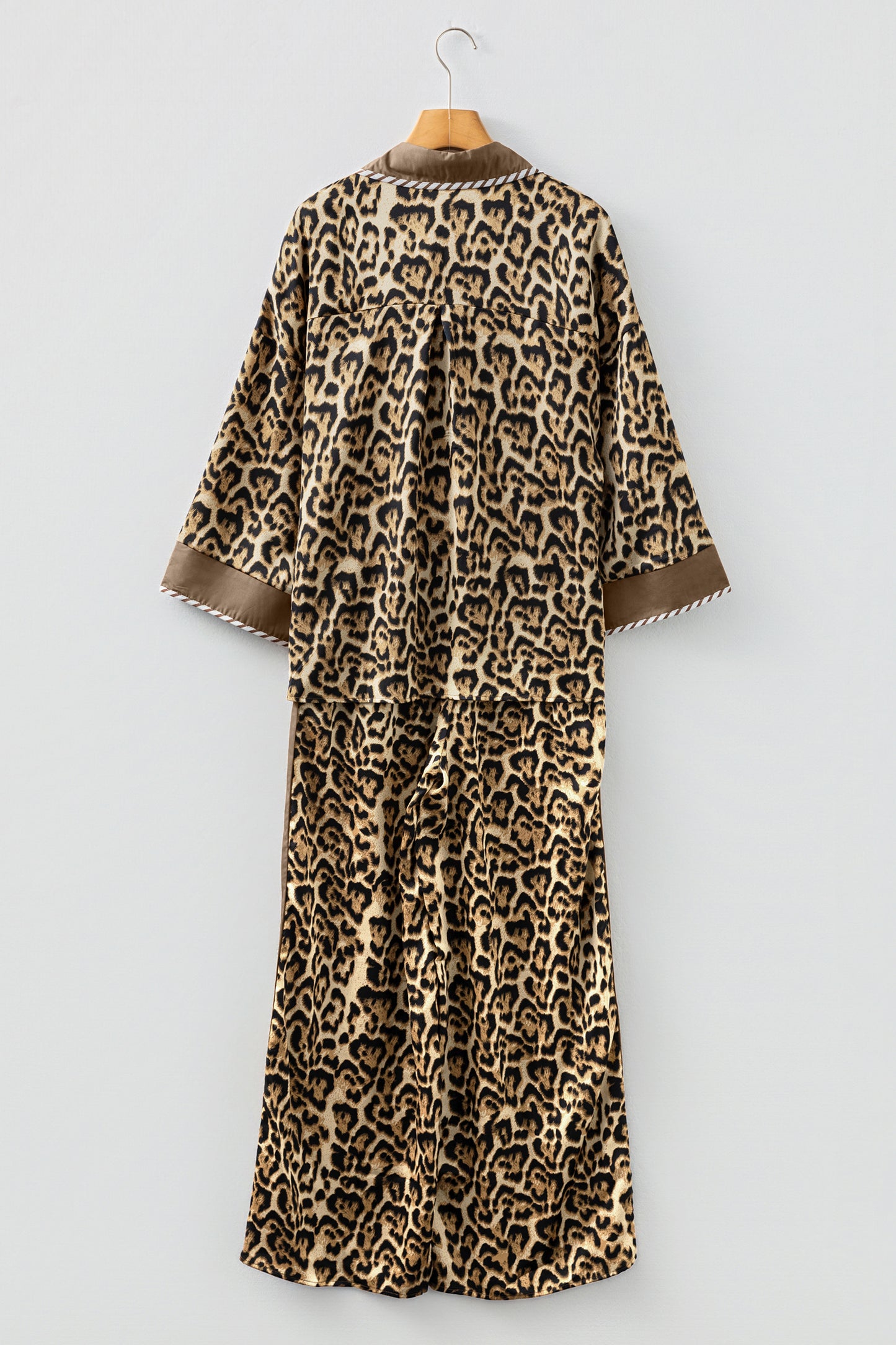 Brown Leopard Collared 3/4 Sleeve Shirt and Loose Pants Two Piece Outfit Set