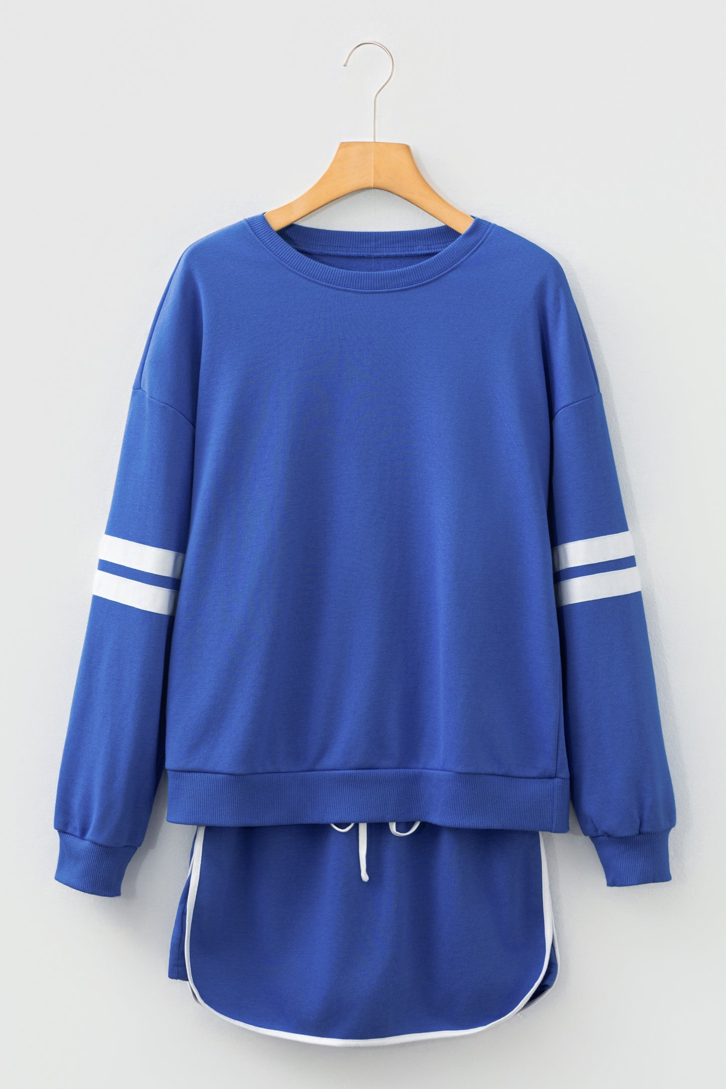 Orange Varsity Stripe Detail Drop Shoulder Pullover Mini Skirt Set