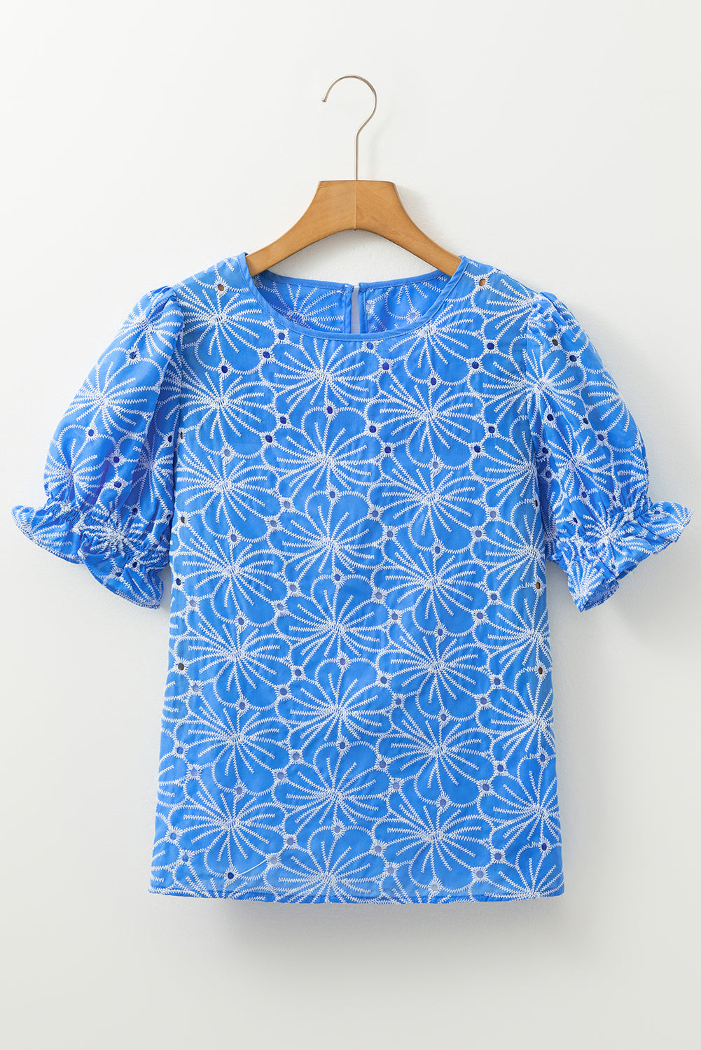 Sky Blue Eyelet Flower Embroidery Frilled Short Puff Sleeve Blouse