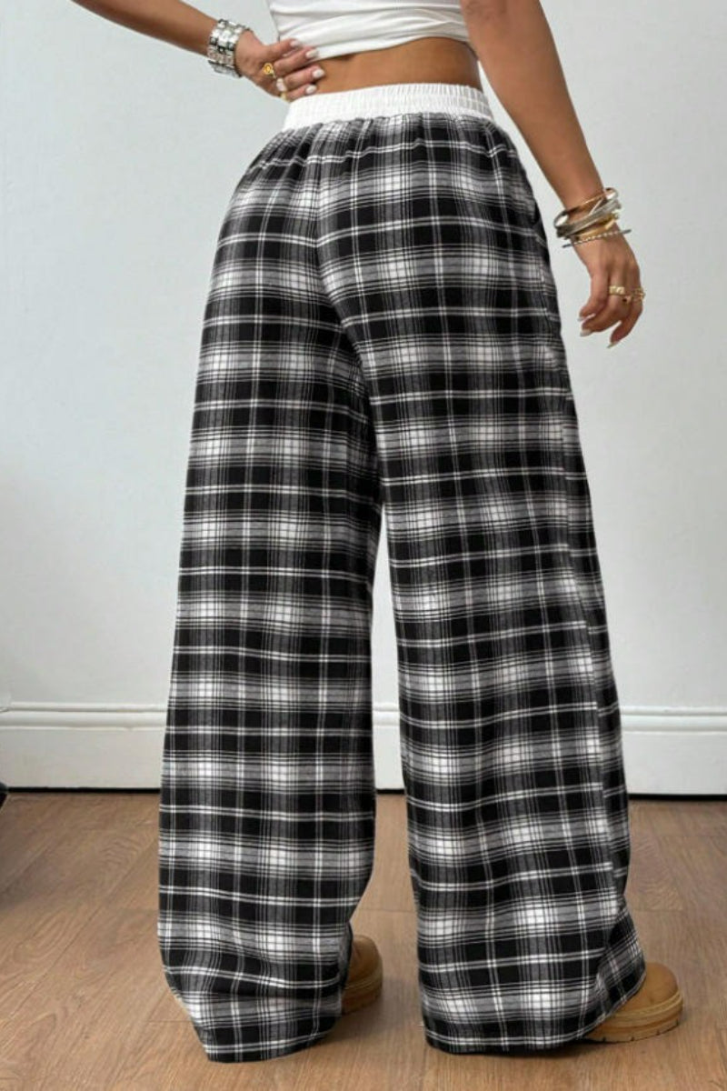 Plaid Wide Leg Pants Drawstring Elastic Waist Casual