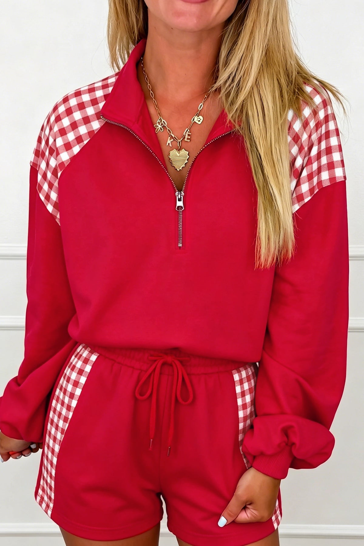 Fiery Red Plaid Patchwork Half Zip Pullover Drawstring Short Set