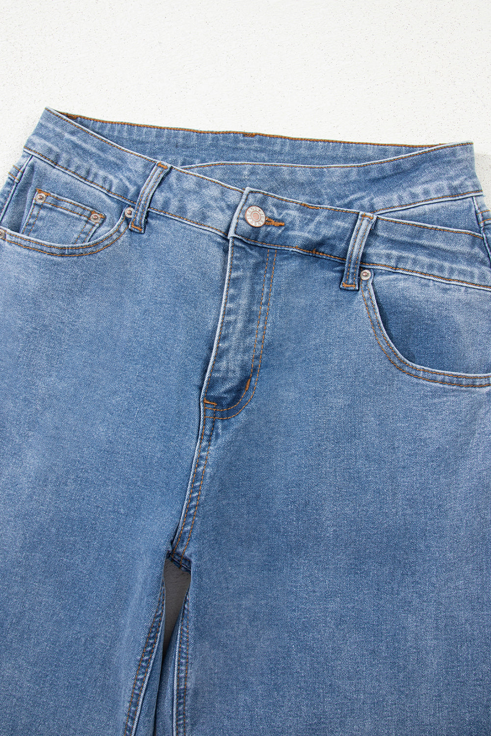 Blue Mid Rise Asymmetrical Waist Wide Leg Jeans