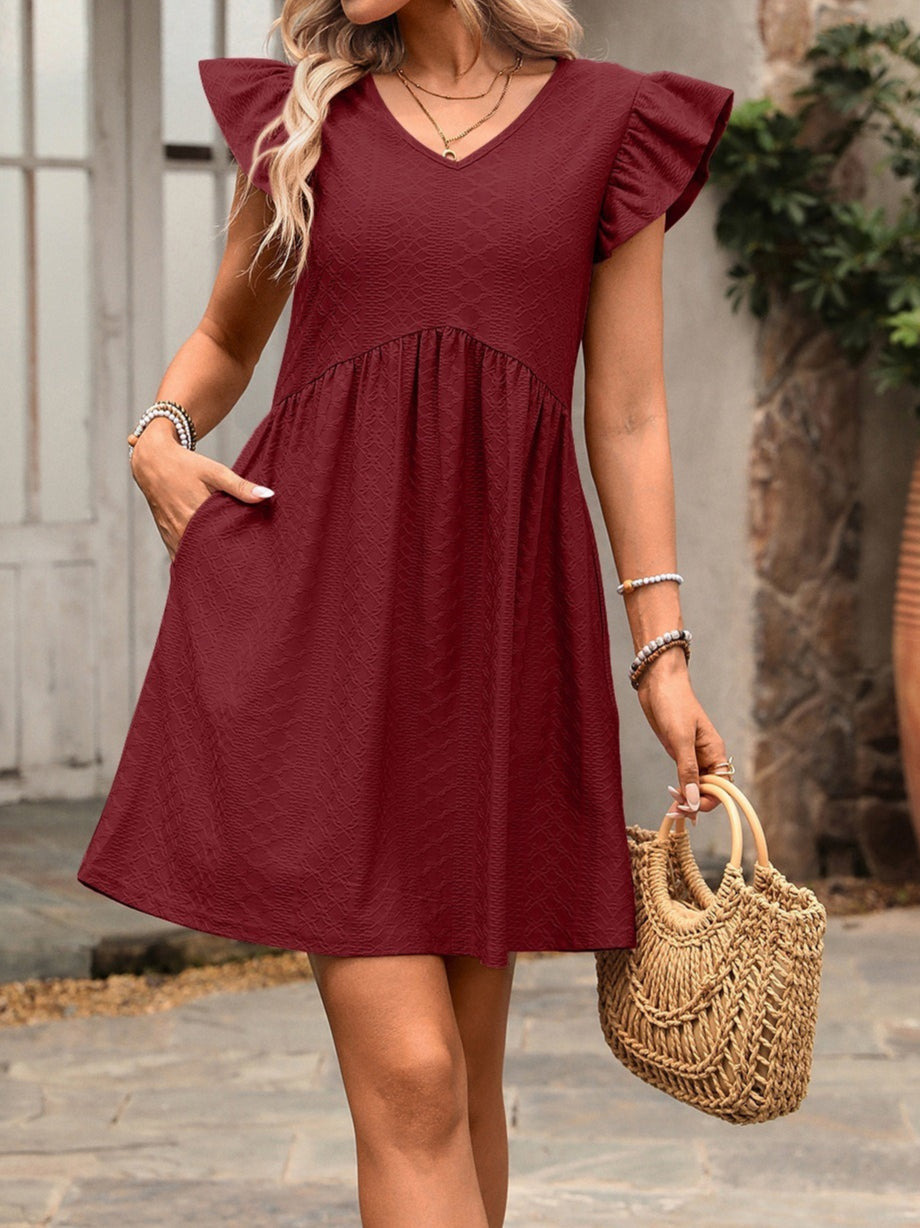 Textured V Neck Flutter Sleeve Pocket Mini Dress