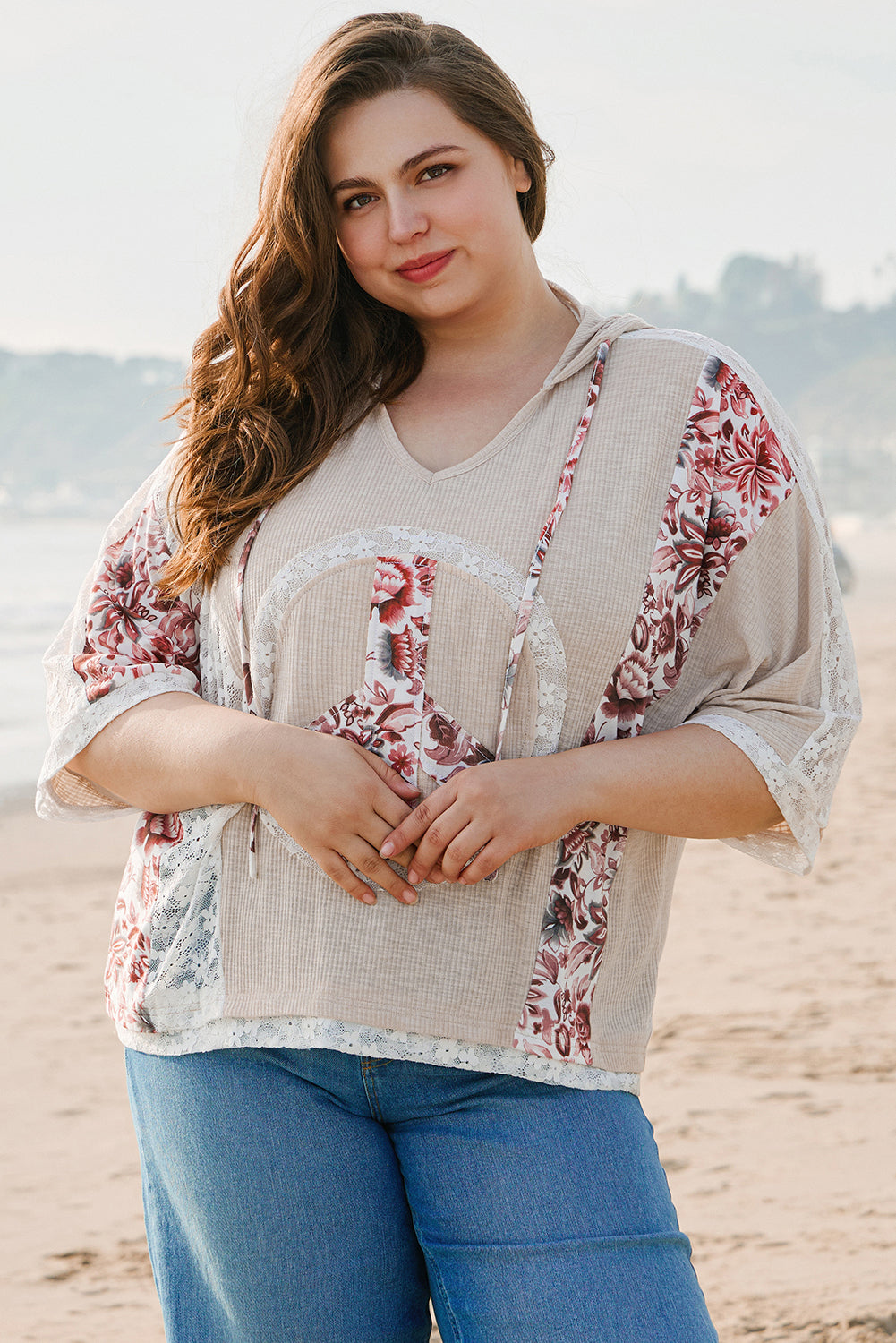 Floral Peace Sign Graphic Lace Patch Ribbed Plus Size Hooded Top