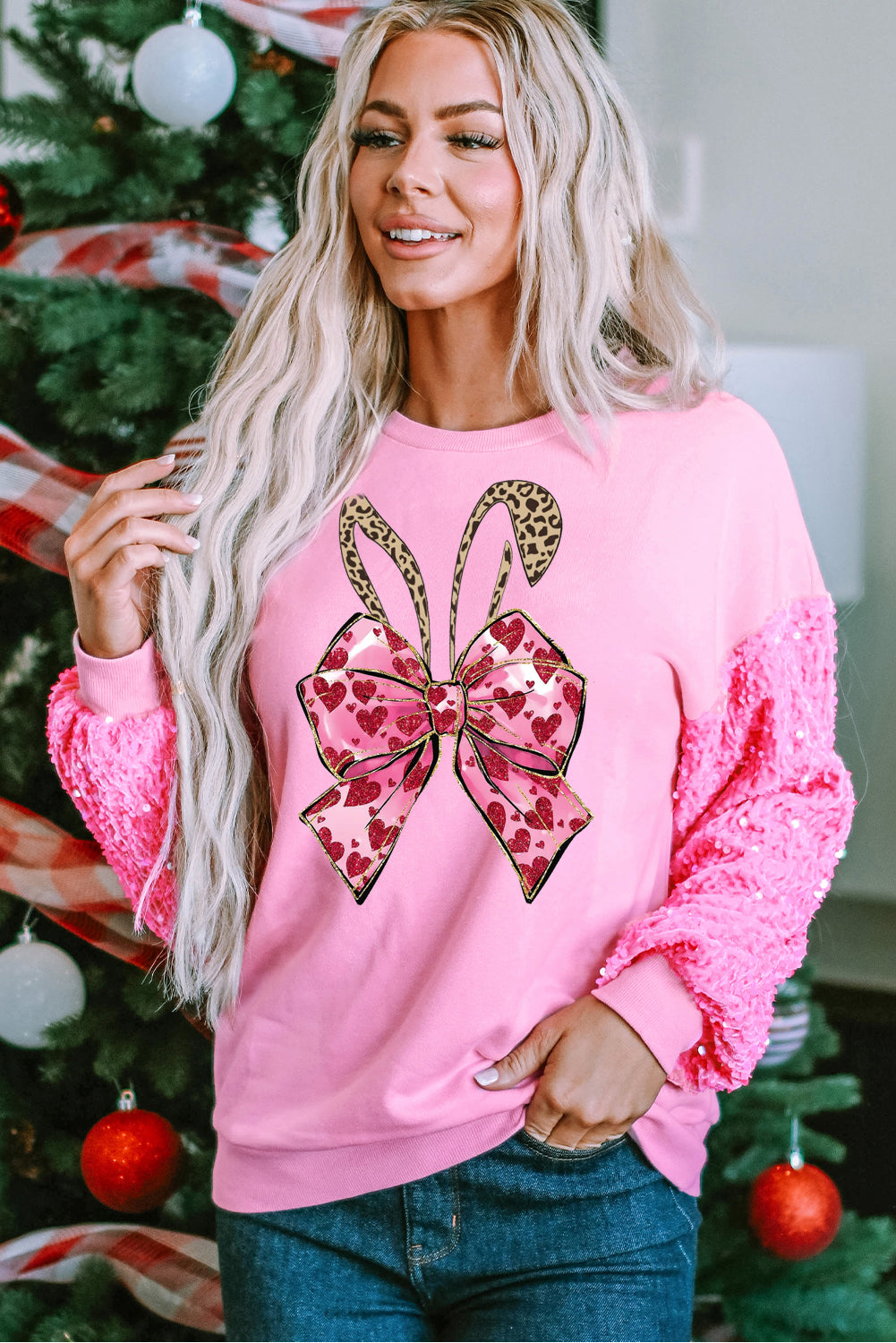 Easter Bunny Bow Sequin Patchwork Long Sleeve Pullover