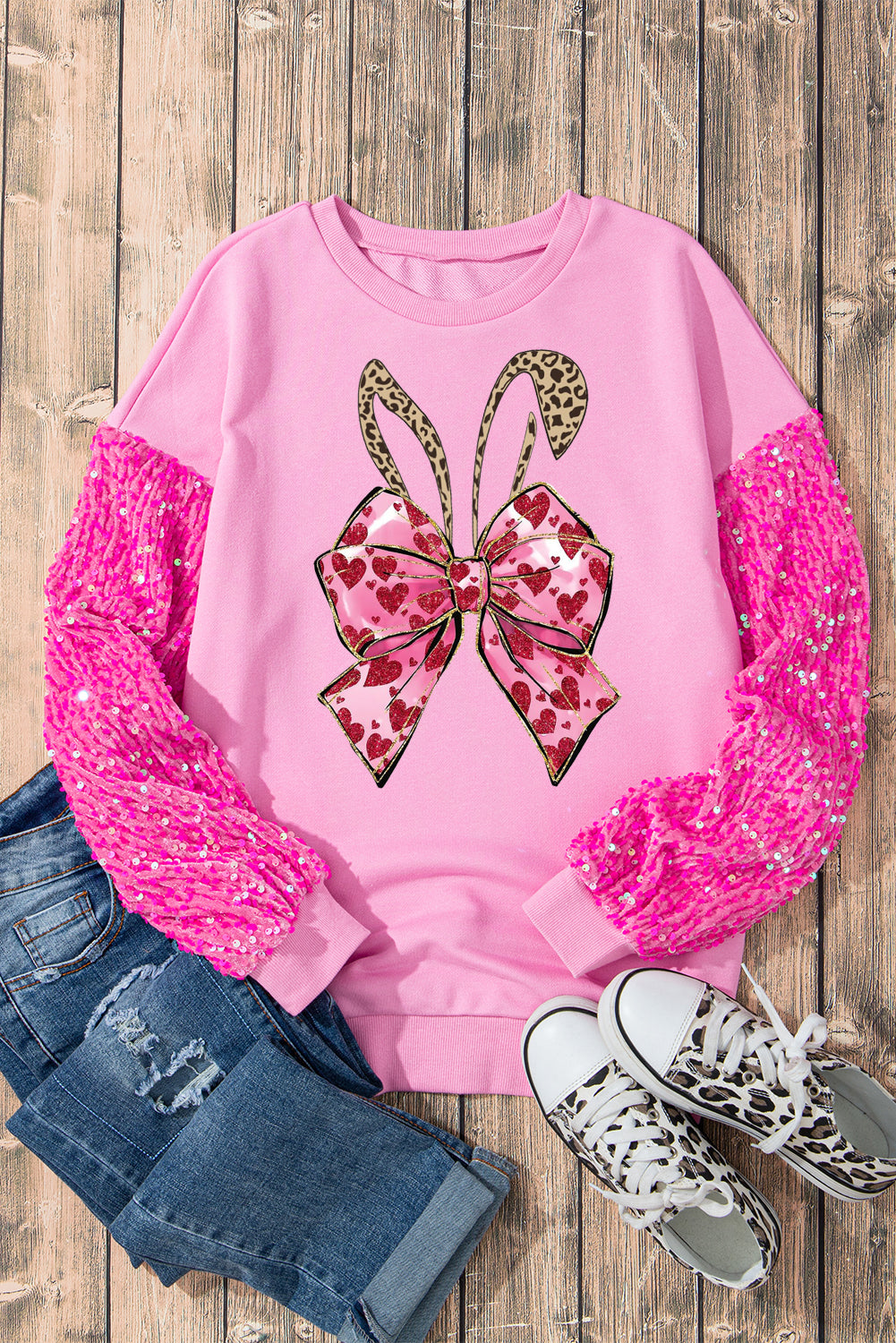 Easter Bunny Bow Sequin Patchwork Long Sleeve Pullover