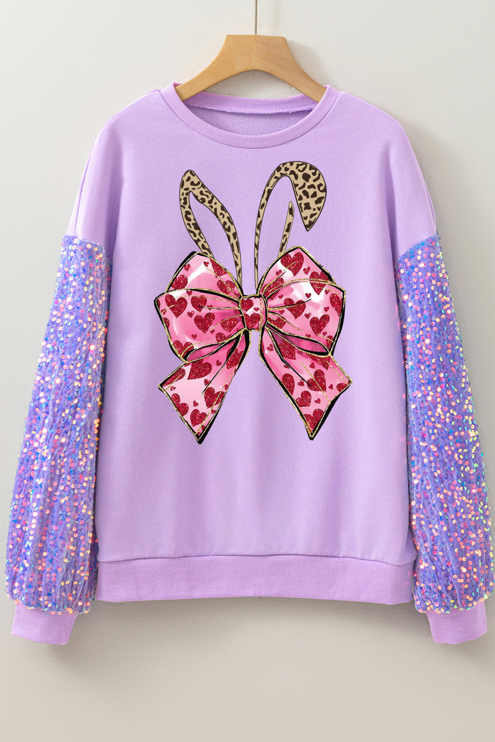Easter Bunny Bow Sequin Patchwork Long Sleeve Pullover