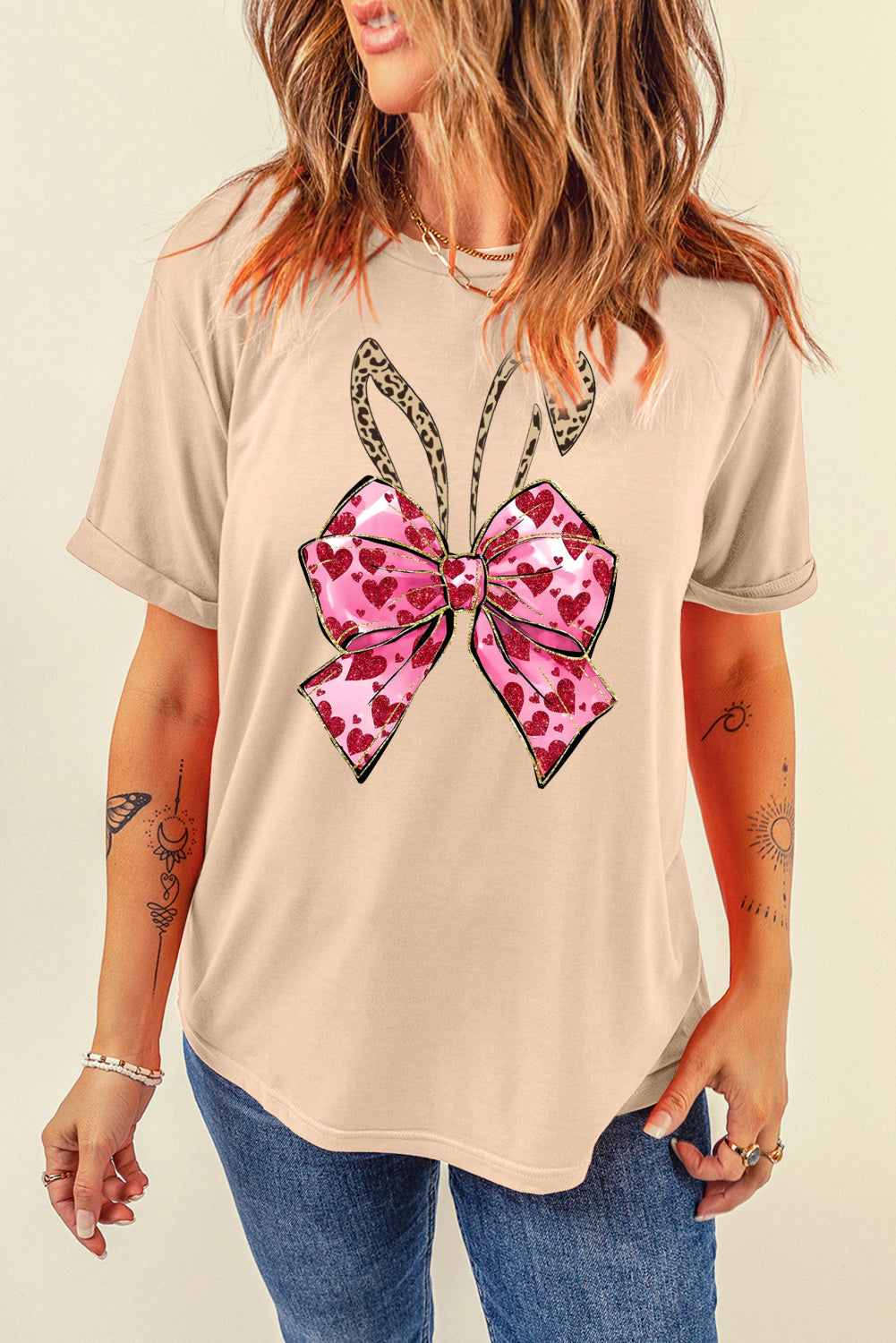 Solid Color Casual Crew Neck Tee with Easter Bunny Bow