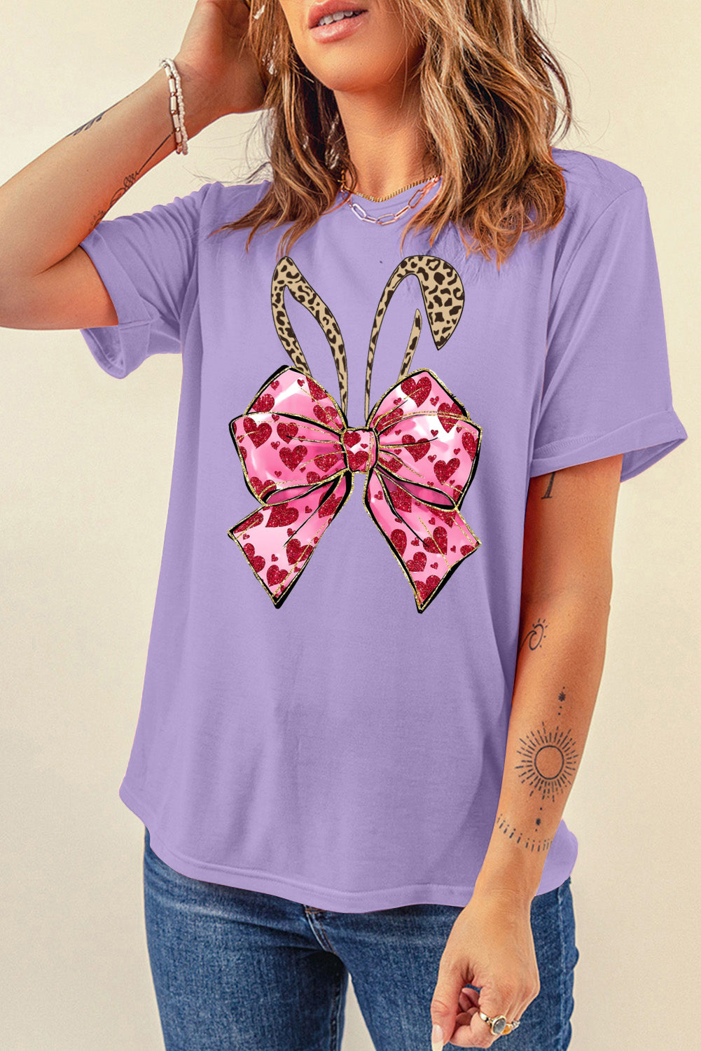 Solid Color Casual Crew Neck Tee with Easter Bunny Bow