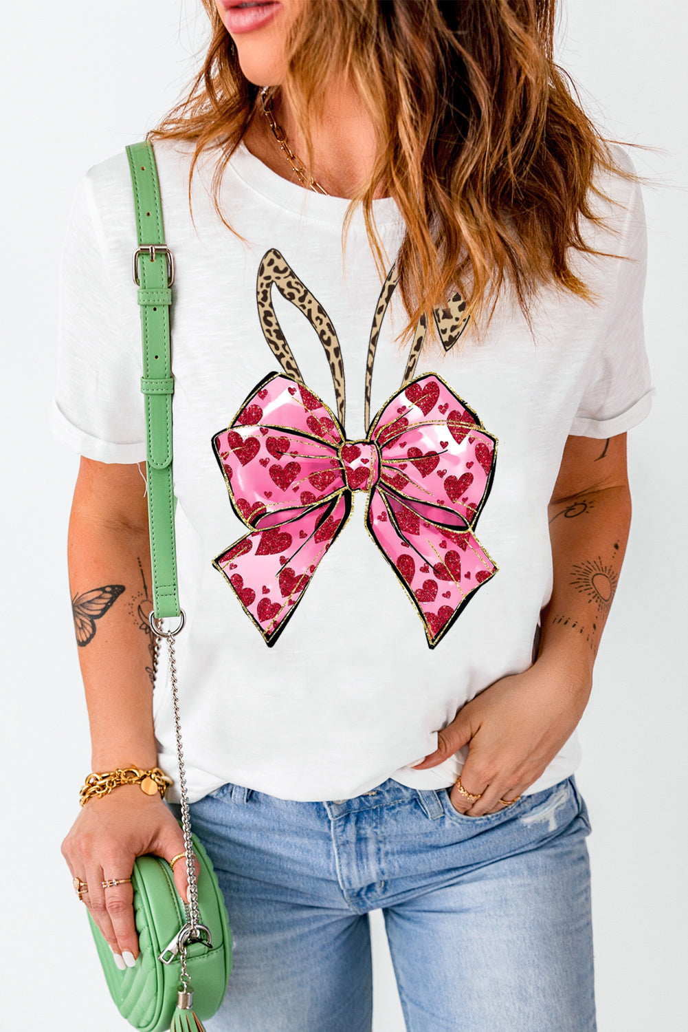 Solid Color Casual Crew Neck Tee with Easter Bunny Bow