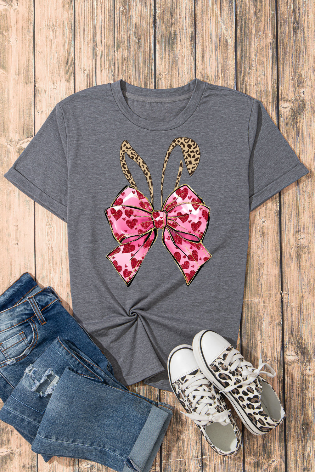 Solid Color Casual Crew Neck Tee with Easter Bunny Bow