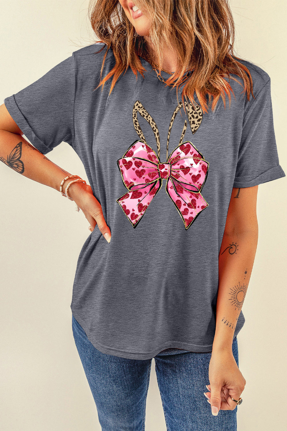 Solid Color Casual Crew Neck Tee with Easter Bunny Bow