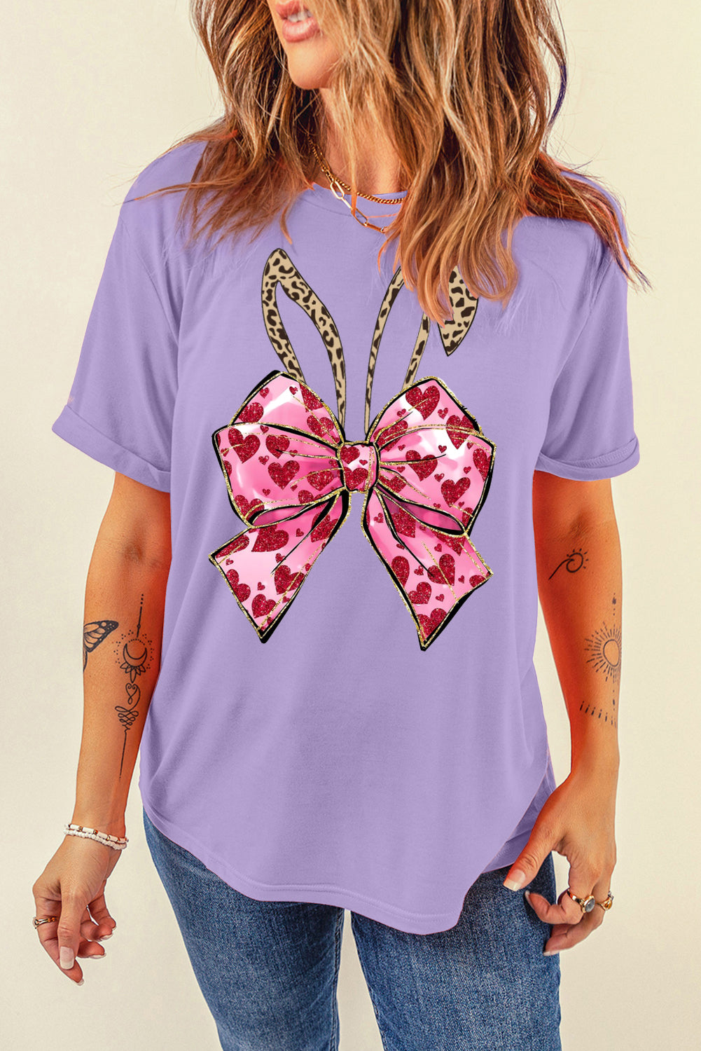 Solid Color Casual Crew Neck Tee with Easter Bunny Bow