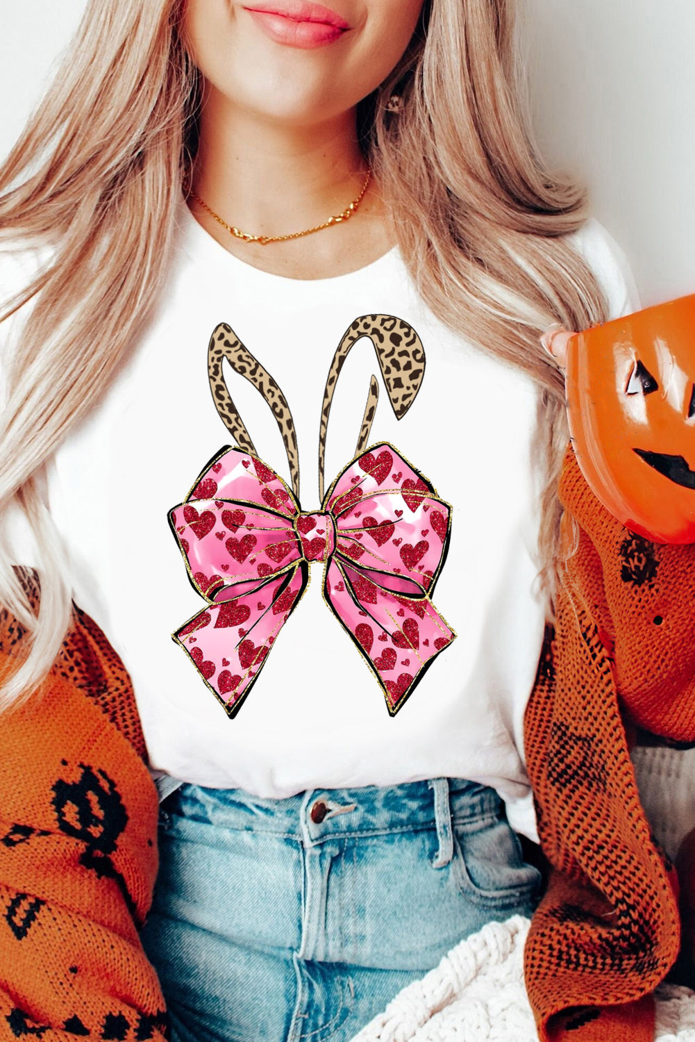 Solid Color Casual Crew Neck Tee with Easter Bunny Bow