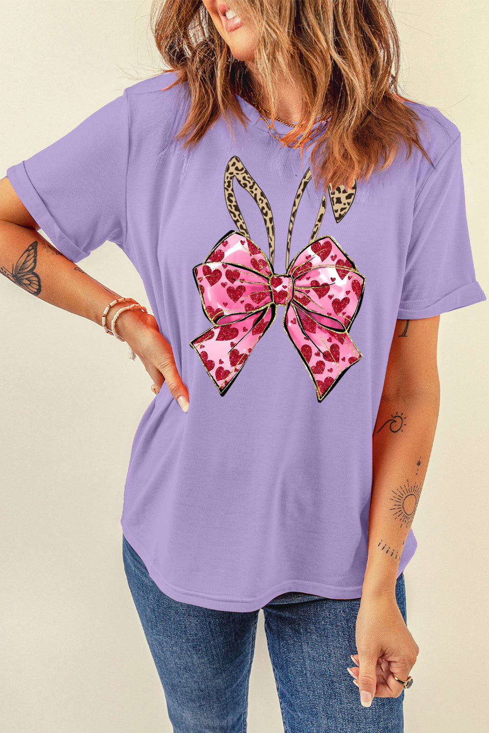 Solid Color Casual Crew Neck Tee with Easter Bunny Bow