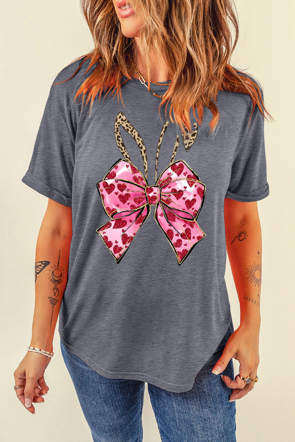 Solid Color Casual Crew Neck Tee with Easter Bunny Bow
