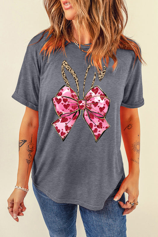 Solid Color Casual Crew Neck Tee with Easter Bunny Bow