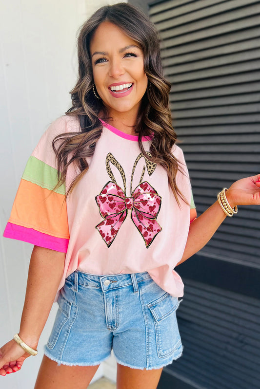 Easter Bunny Bow Ear Pattern Colorblock Crew Neck Oversized Top