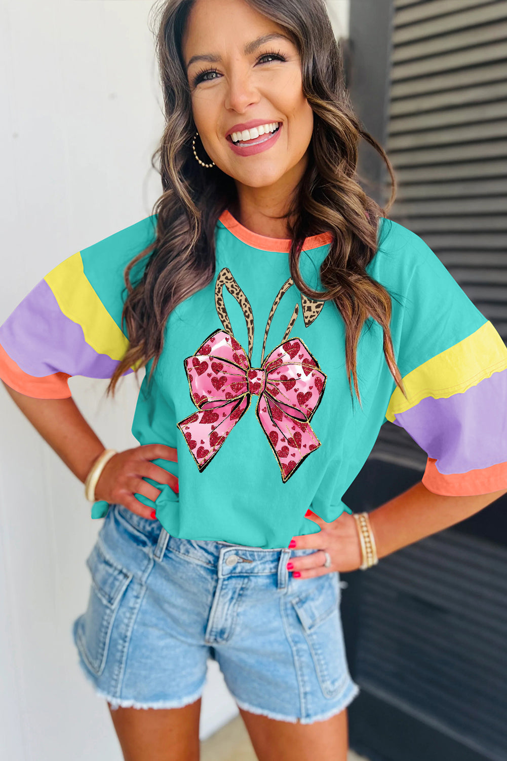 Easter Bunny Bow Ear Pattern Colorblock Crew Neck Oversized Top