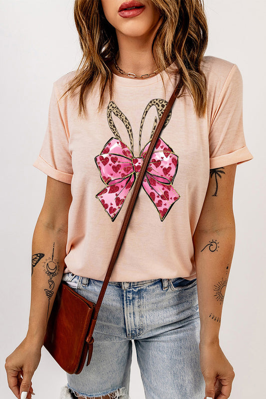 Solid Color Crew Neck Tee with Bowknot Bunny Ear Print for Easter