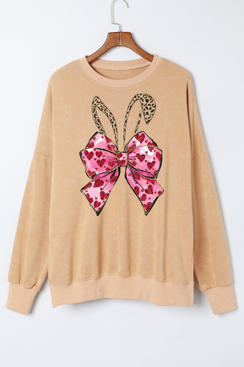 Easter Bunny Bow Drop Shoulder Oversized Sweatshirt with Ribbed Trim