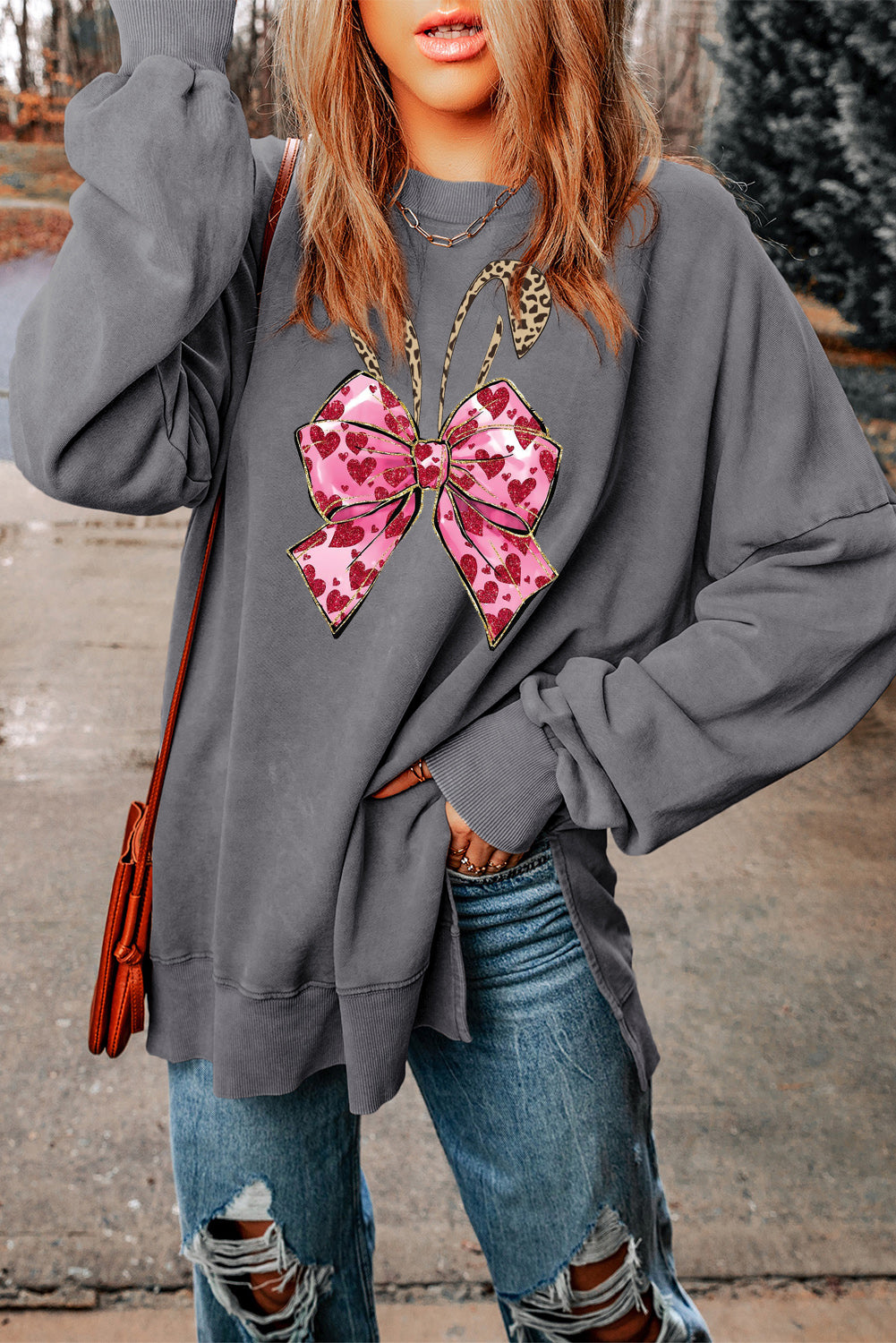 Easter Bunny Bow Drop Shoulder Oversized Sweatshirt with Ribbed Trim