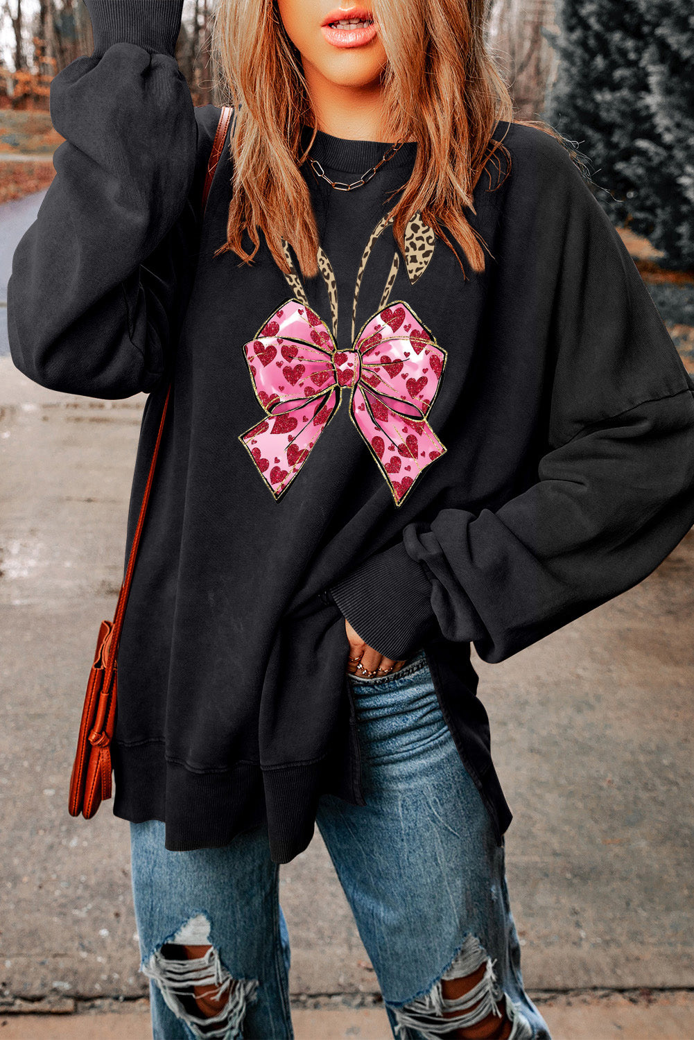 Easter Bunny Bow Drop Shoulder Oversized Sweatshirt with Ribbed Trim