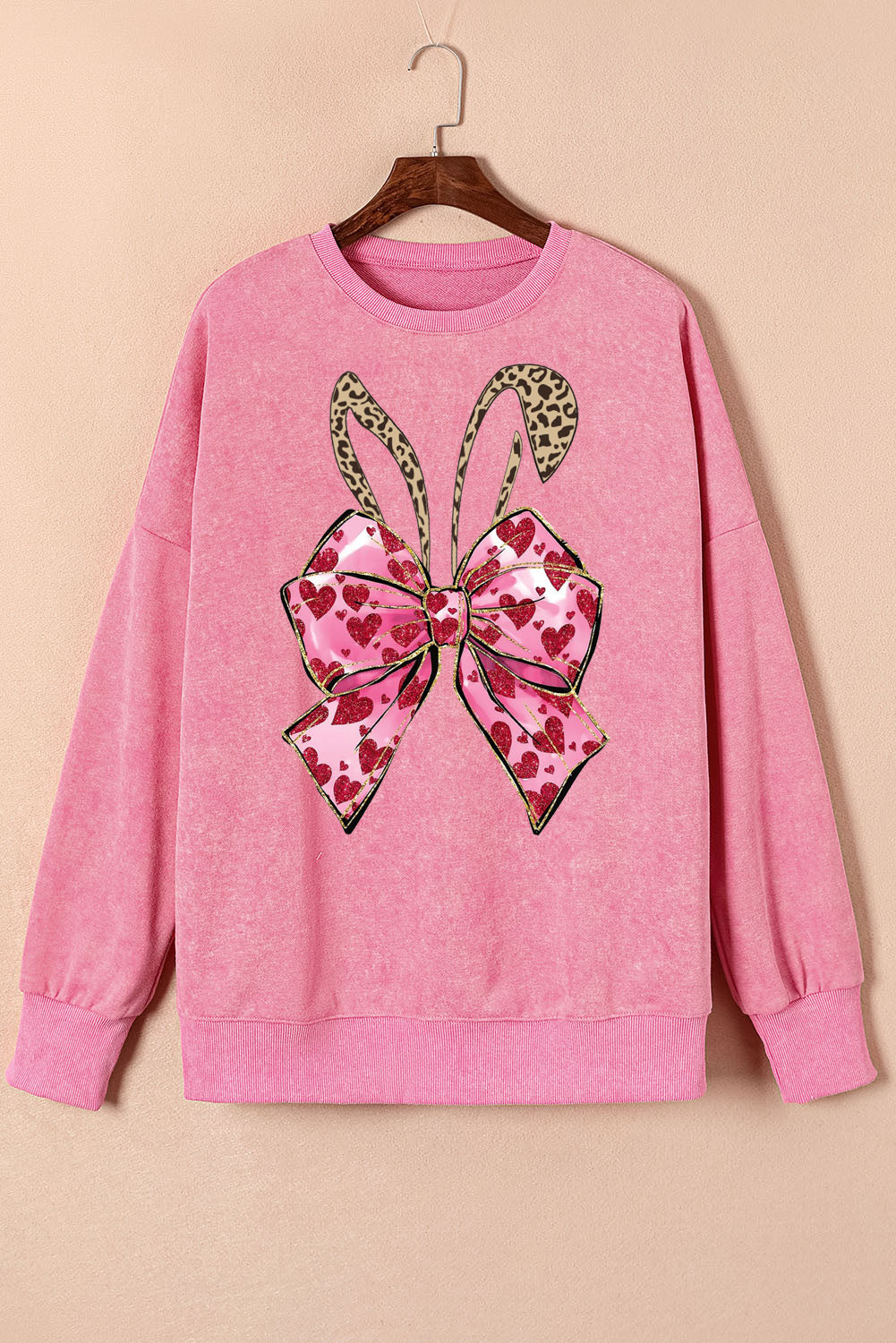 Easter Bunny Bow Drop Shoulder Oversized Sweatshirt with Ribbed Trim