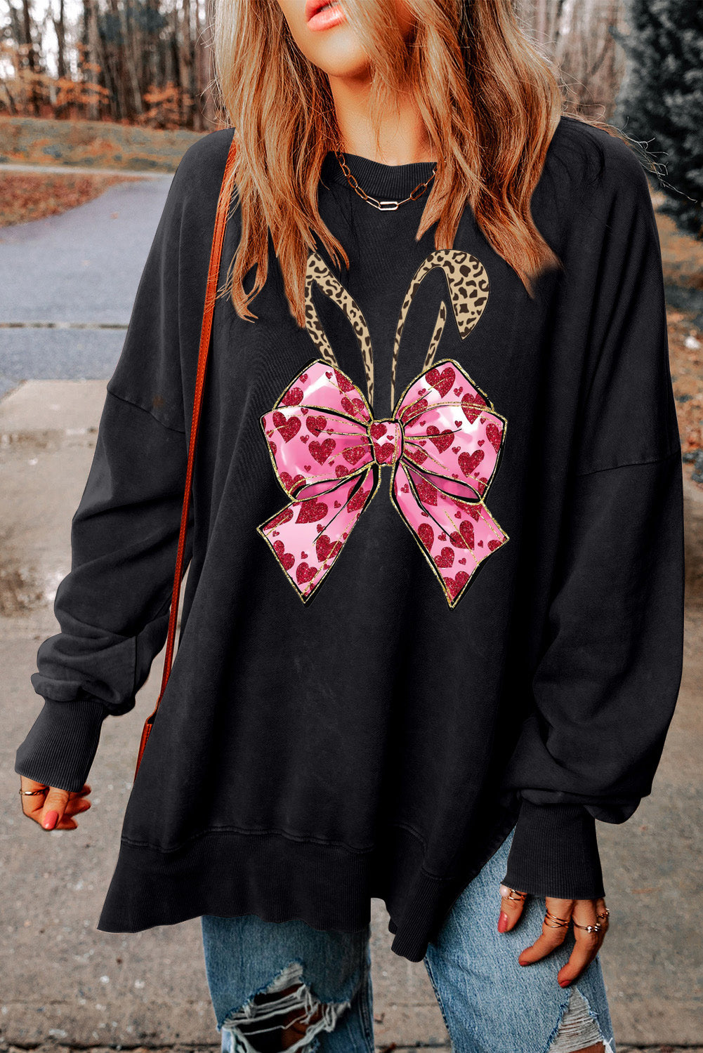 Easter Bunny Bow Drop Shoulder Oversized Sweatshirt with Ribbed Trim
