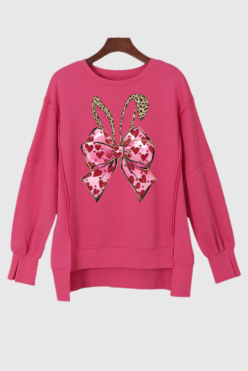 Easter Bunny Bow Exposed Seam Drop Shoulder Sweatshirt