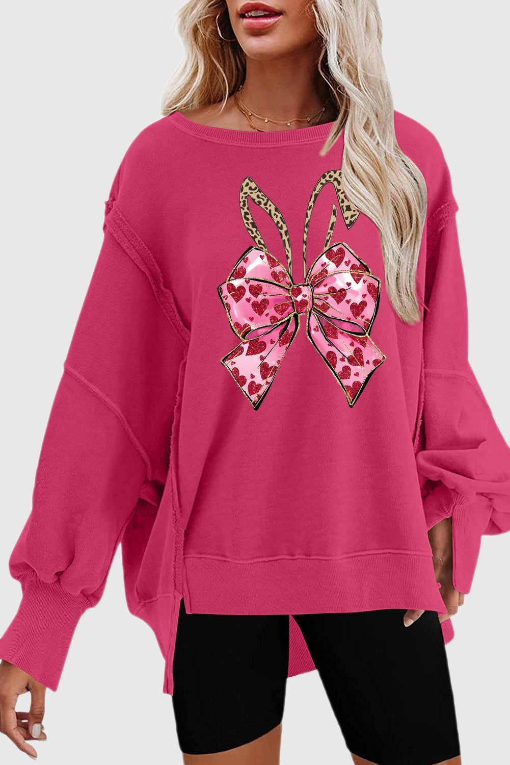 Easter Bunny Bow Exposed Seam Drop Shoulder Sweatshirt