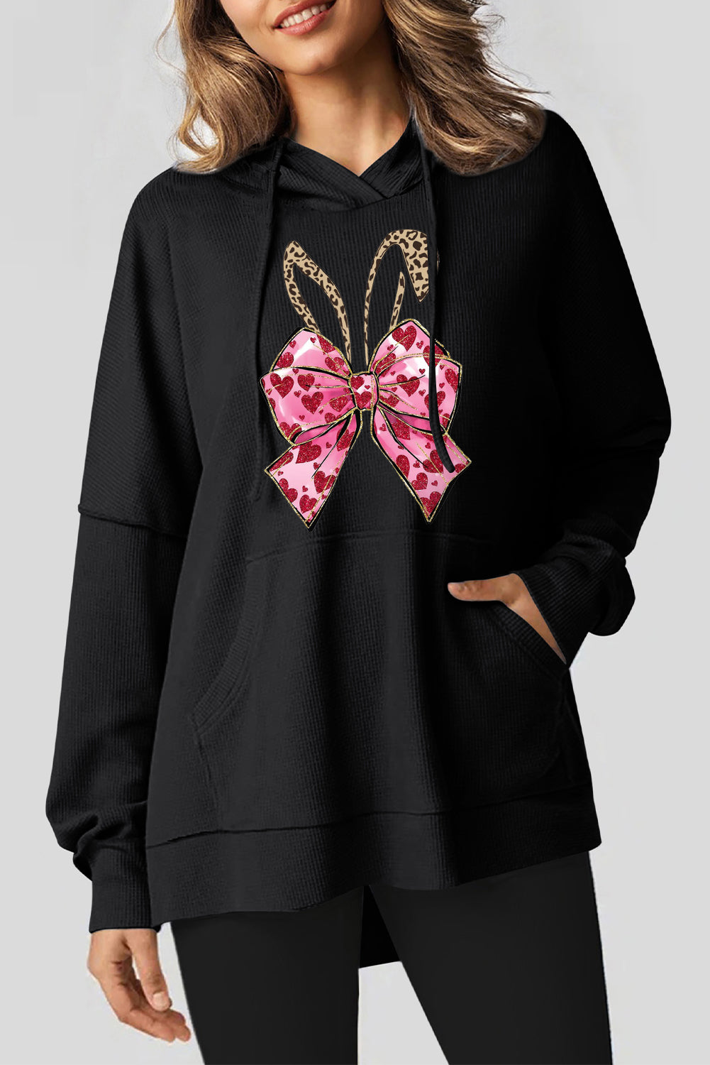 Leopard Graphic Easter Waffle Knit Fleece-Lined High-Low Hoodie